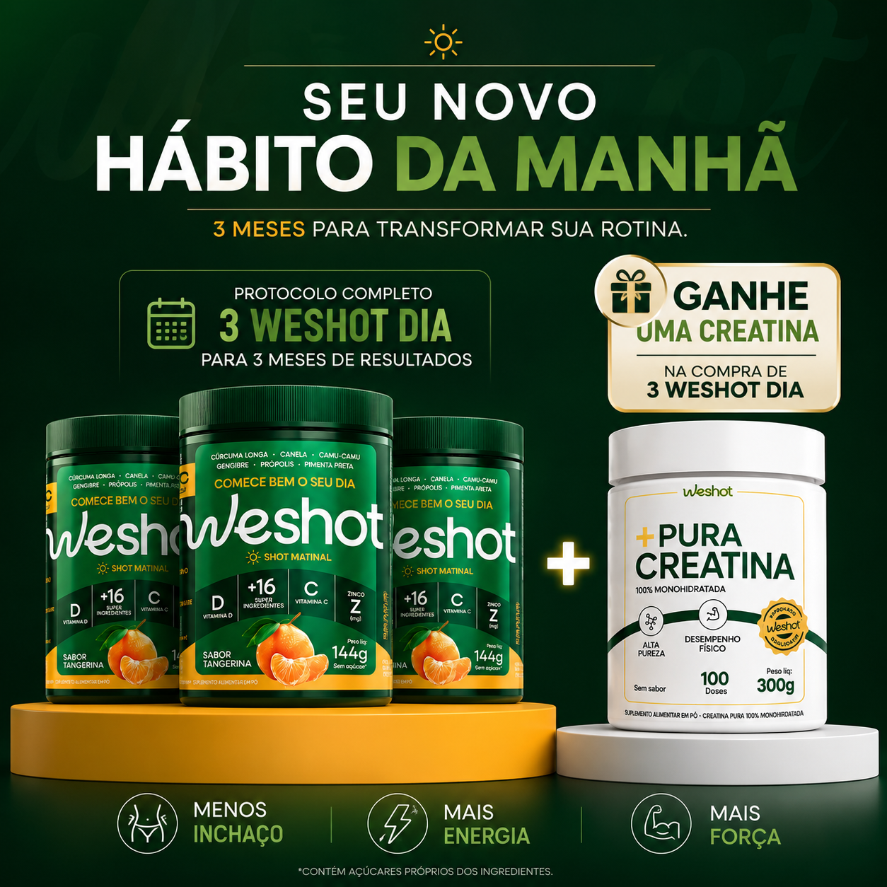 GRÁTIS CREATINA - COMBO COM 3 SHOTS PARA INCHAÇO E IMUNIDADE, GANHE A CREATINA PARA MELHORAR UM MÚSCULO FORTE